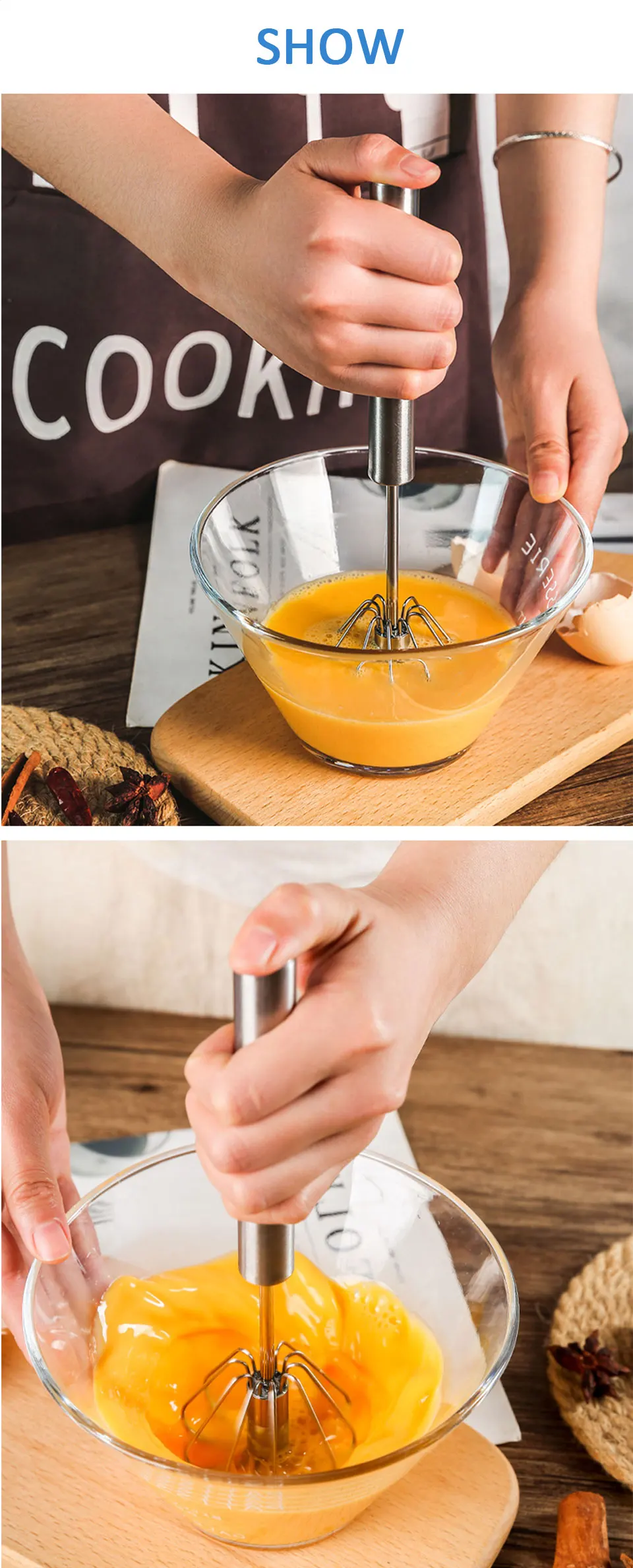 Semi-automatic Whisk 10in Stainless Steel Egg Whisk Hand Push Rotary Whisk  Blender Semi Auto Egg Beater Hand Push Mixer Stirrer Egg Scrambler for