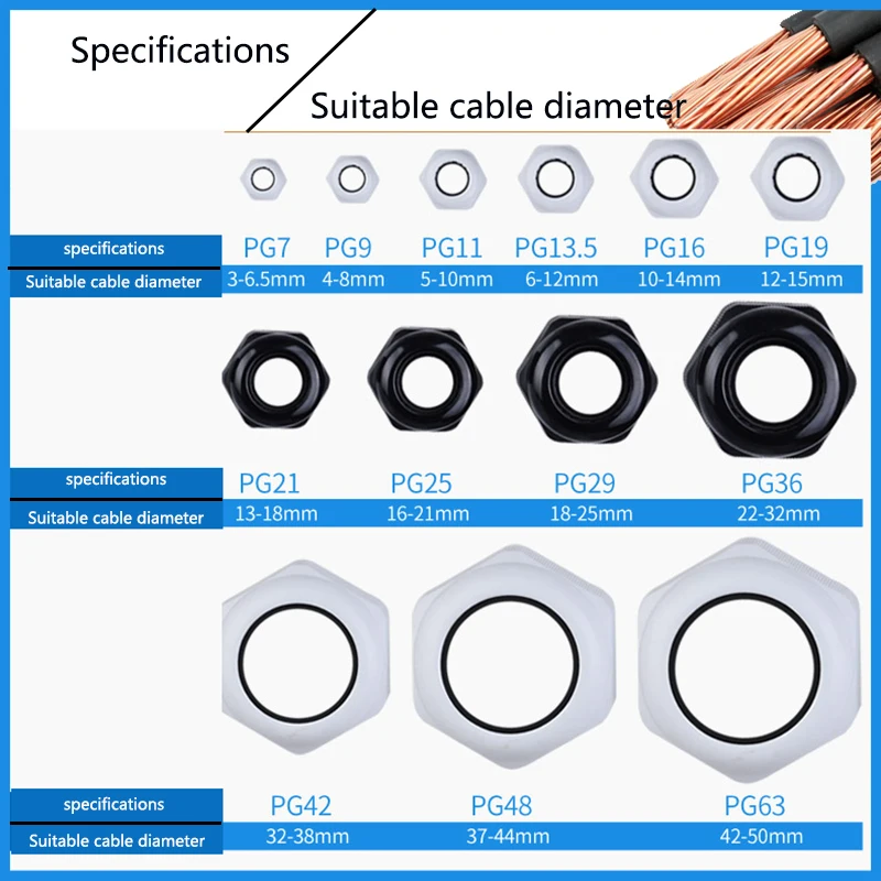 Waterproof Cable GlanId IP68 PG16 19 21 25 293648Wire Cable CE White Waterproof Nylon Plastic Gland Connector High Quality