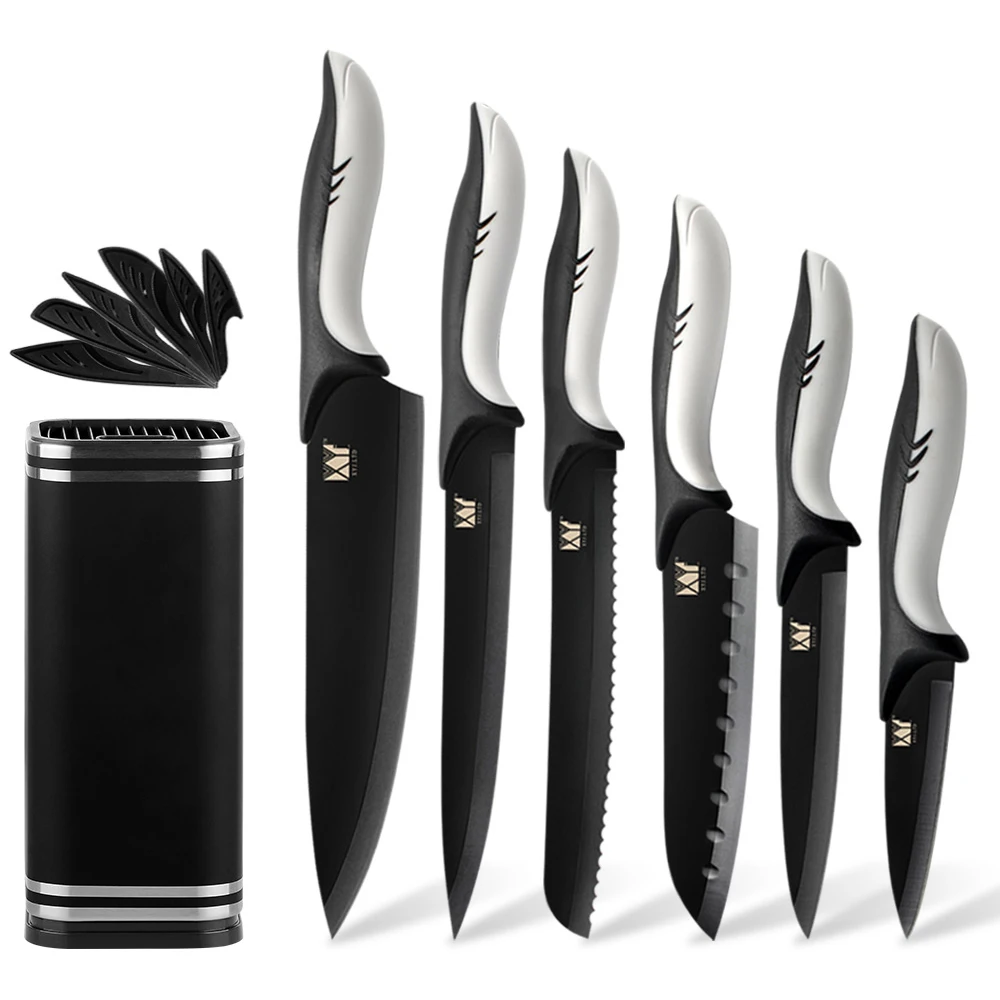 

XYj 6 Pieces Stainless Steel Knives With Holder Black Blade Plastic Handle Chef Slicing Bread Santoku Utiltiy Fruit Knife Tools
