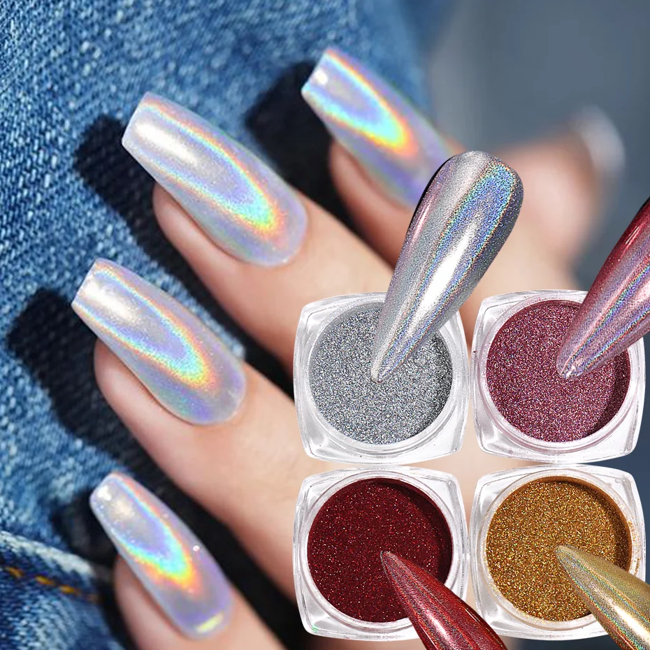 Nail Powder Nail Pigment Nail Glitter Nail Decoration Nail Decorations Nail Powder Set 1Box Laser Glitter Chrome Nail Powders Silver Metal Mirror Dust Manicure accessories Pigment Brush DIY Nails Decorations LELSG-2