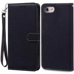 Leather Flip Wallet Phone Case - Soft Silicone Cover with Luxury Design for iPhone 7 (Black - Strap)