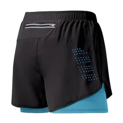 Men's Quick-Drying Double Layer Fitness Shorts - Black - L(70-80kg) (Fluorescent Blue)