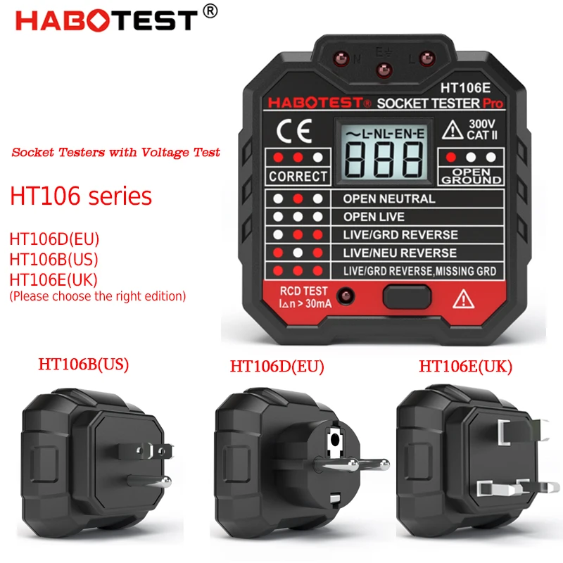 

HT107 Outlet 90-250V Socket Socket Tester with Voltage Display Tester Automatic Electric Circuit Polarity Voltage Detector HT106