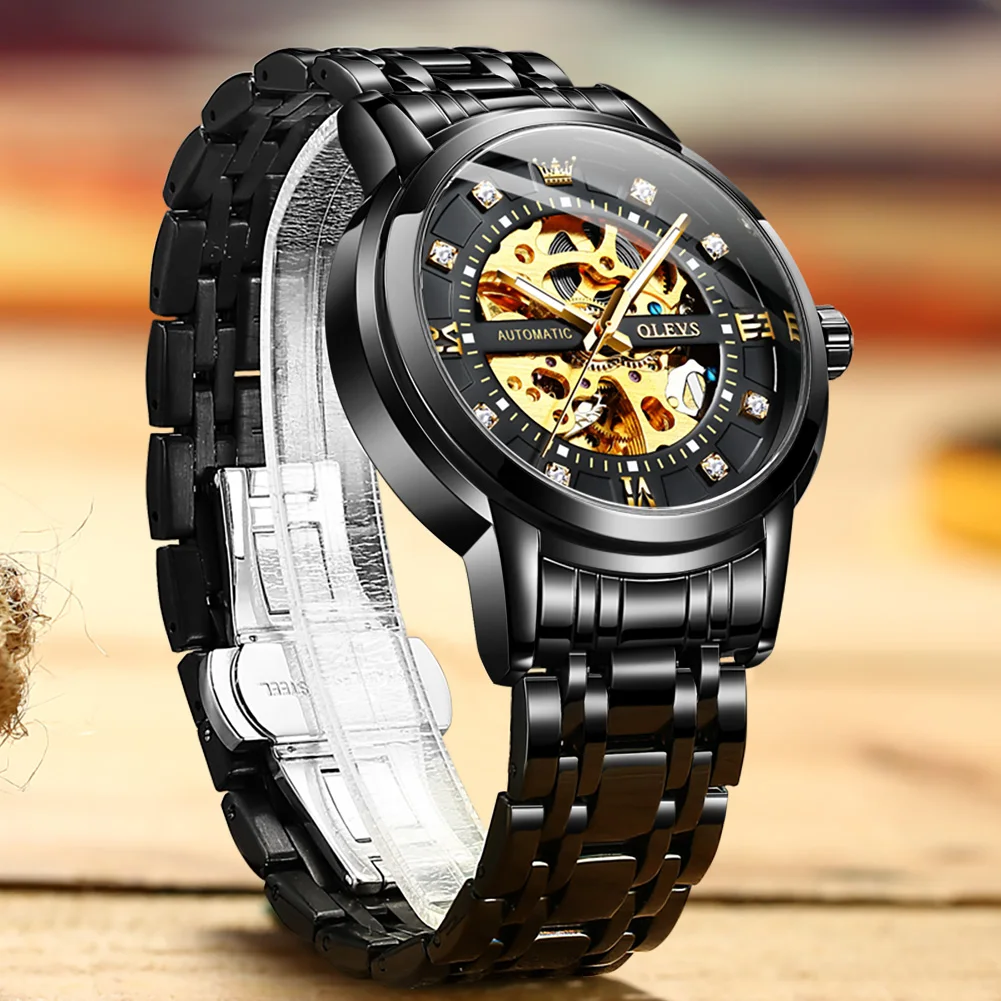 OLEVS Original Luxury Skeleton Automatic Watch for Men Mechanical Diamond Stainess Steel Waterproof Luminous Wristwatch Gift Man