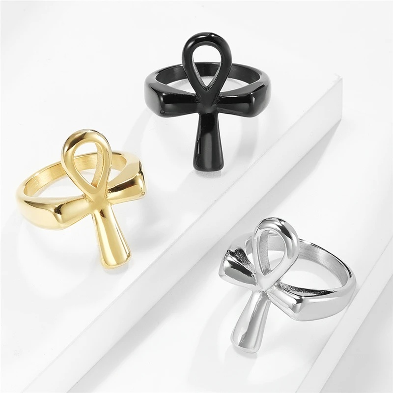 Ancient Egypt Ankh Cross Gold Plated High Quelity Fine Stainless Steel Male Female Ring Polished No Fading JZ585 2
