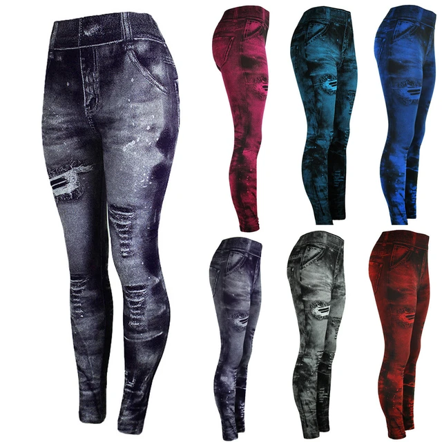 Women High Waist Imitation Distressed Denim Jeans Leggings Slim Elastic  Yoga Pencil Pants Tigth Pants Dark Grey/Red/Blue 