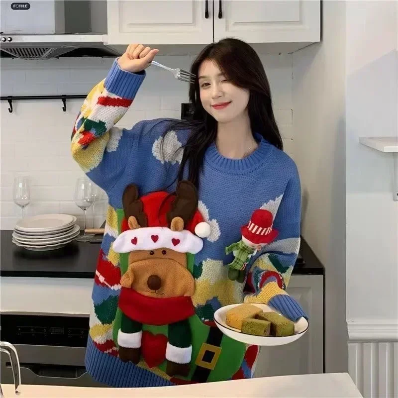 여성용 크리스마스 테마 엘크 스웨터, 느슨한 겉옷, 게으른 스타일, 두꺼운 레트로 코트, 가을 및 겨울 탑 스웨터