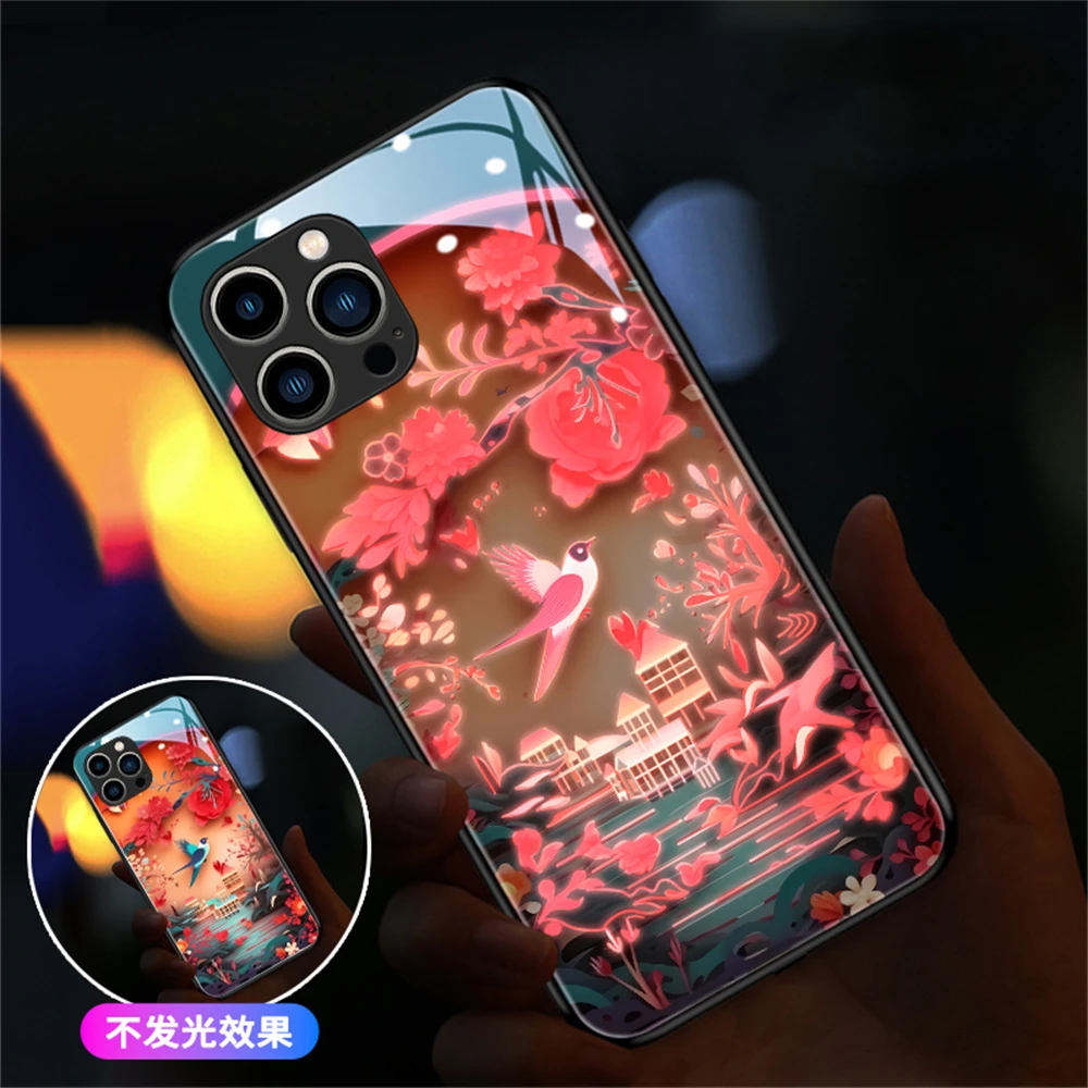 Shining Lucky Magpie Smart LED Light Glow Tempered Glass Phone Case For iPhone 15 14 13 12 11 Pro Max X XR XS Plus SE2020