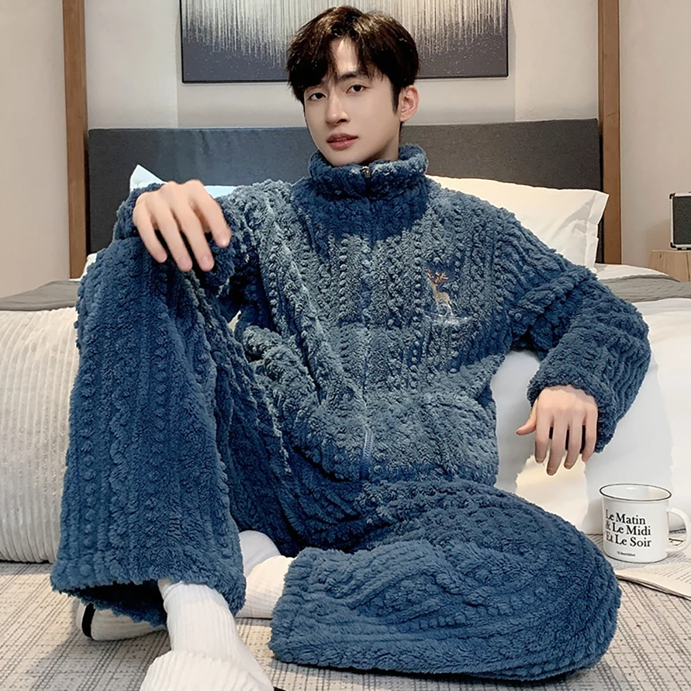 Winter Thicken Flannel Men's Pajamas Set Jacquard Plush Antistatic Warm Sleepwear Big Size Fashion Zipper Pajama for Sleeping