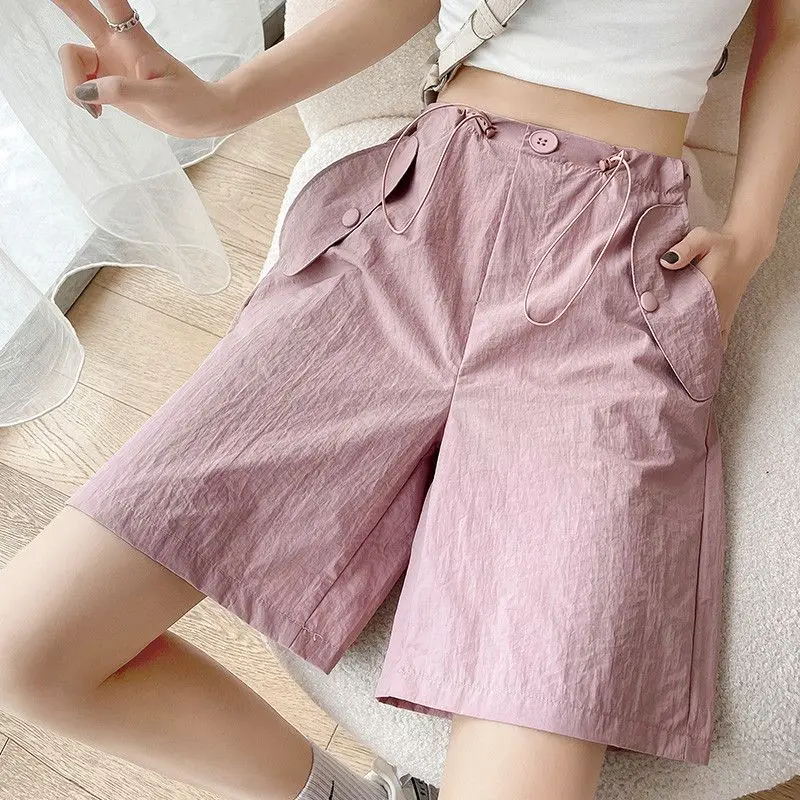 Summer New Cargo Shorts Women High Waist Drawstring Loose Wide Leg Pants American Style Quick Drying Short Sweatpants Femme
