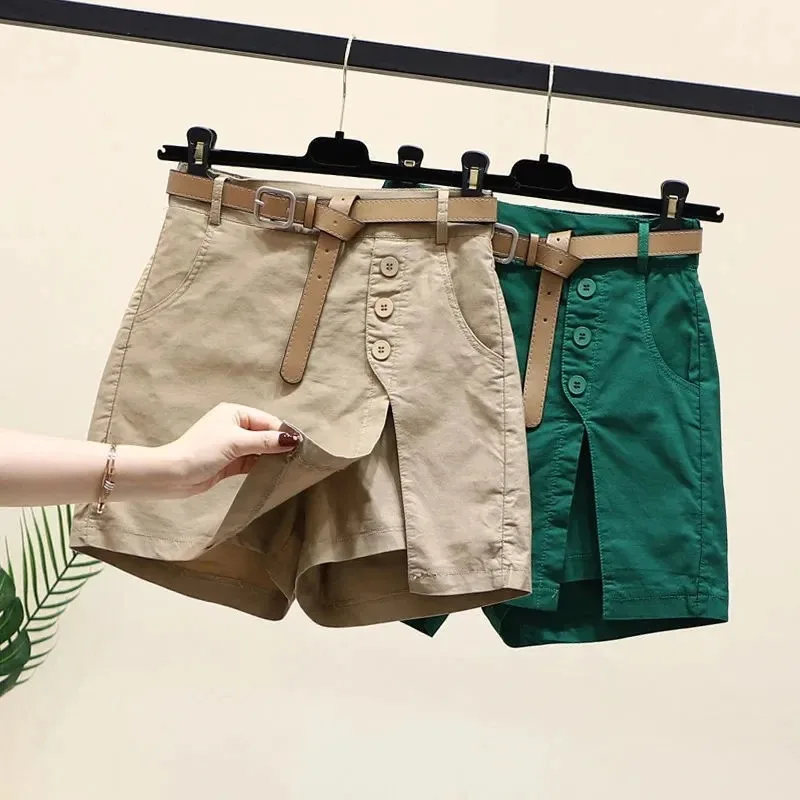 Chic Shorts Frauen Gürtel Koreanische Feste Tasten Seite Schlitzte A-line Streetwear Fashion Röcke Chic Harajuku Sommer Lose Hosen – Detail 3