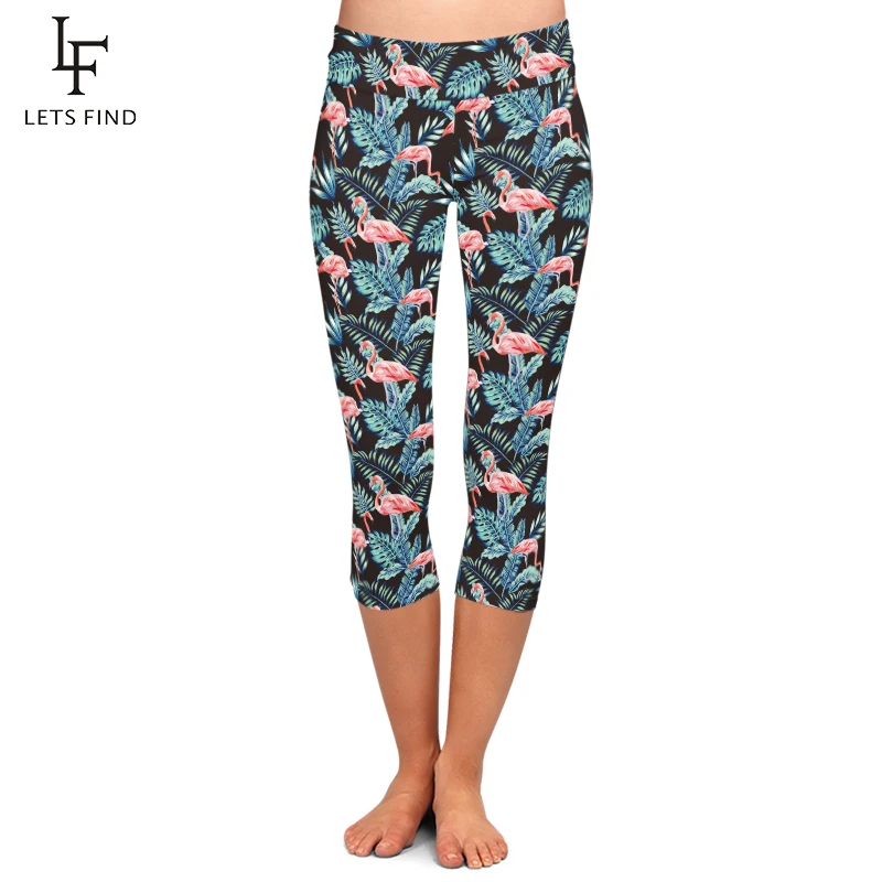 Fashion 3D Printing Flamingos Pattern High Quality Women Capri Leggings High Waist Milk Silk  Mid-Calf Black Leggings