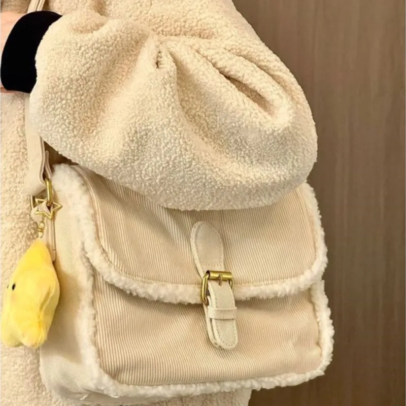 Beige Corduroy Plush Tote Bag Women Sweet Cute Square Large Capacity Shoulder Bags Ladies Casual Commute Versatile Crossbody Bag