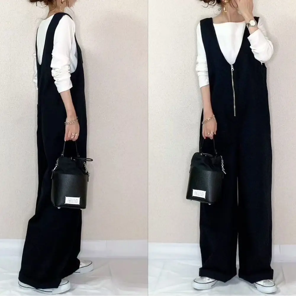 loose ladies bib pant suspender trouser new casual female women wide leg one piece romper overalls jumpsuit streetwear plus size Loose Maternity Bib Pant Suspender Trouser Casual Women Zipper One-Piece Wide Leg Romper Overalls Jumpsuit Streetwear Free Size