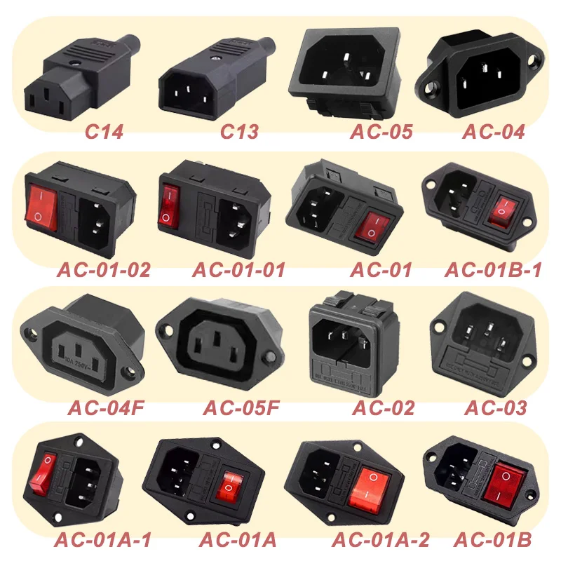 5/20 ชิ้น AC Power Plug Socket Rocker Switch IEC 320 C13 C14 3Pin ชายหญิงขั้วต่อไฟฟ้า 250 โวลต์ 10A ฟิวส์และโคมไฟสีแดง 1