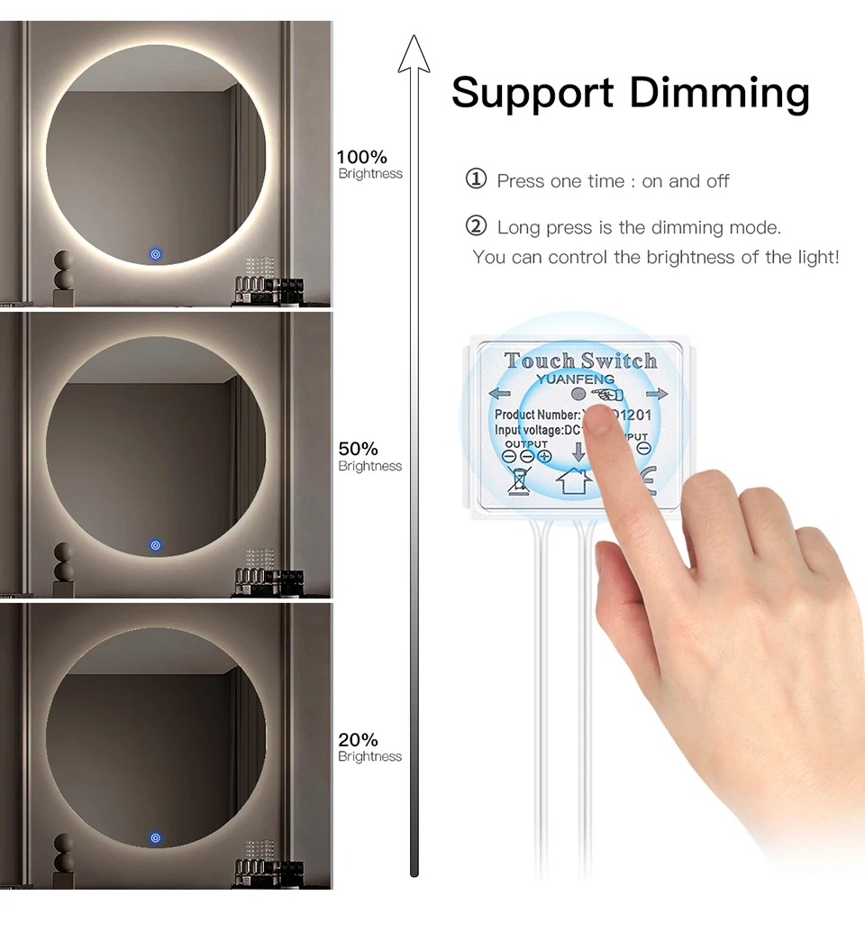 Description Picture 5 of itemUSB 5V Touch Sensor Swtich Dimmable LED Strip Light LED Vanity Makeup Mirror Light Cabinet Dressing Mirror Backlight Lighting