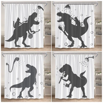 Funny Bathing Dinosaur Shower Curtains Black Cat Animal Silhouette Kids Bath Curtain Modern Polyester Bathroom Decor with Hooks 1