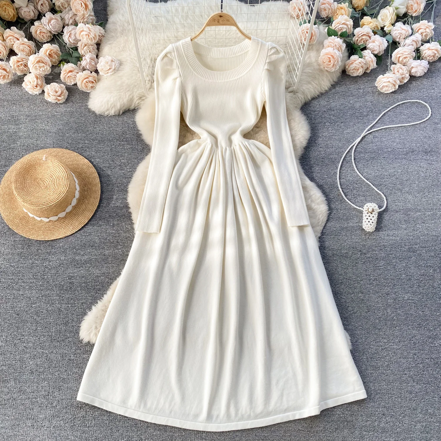 

Fashion round collar dress women's high-waist A-line dress knitted dress