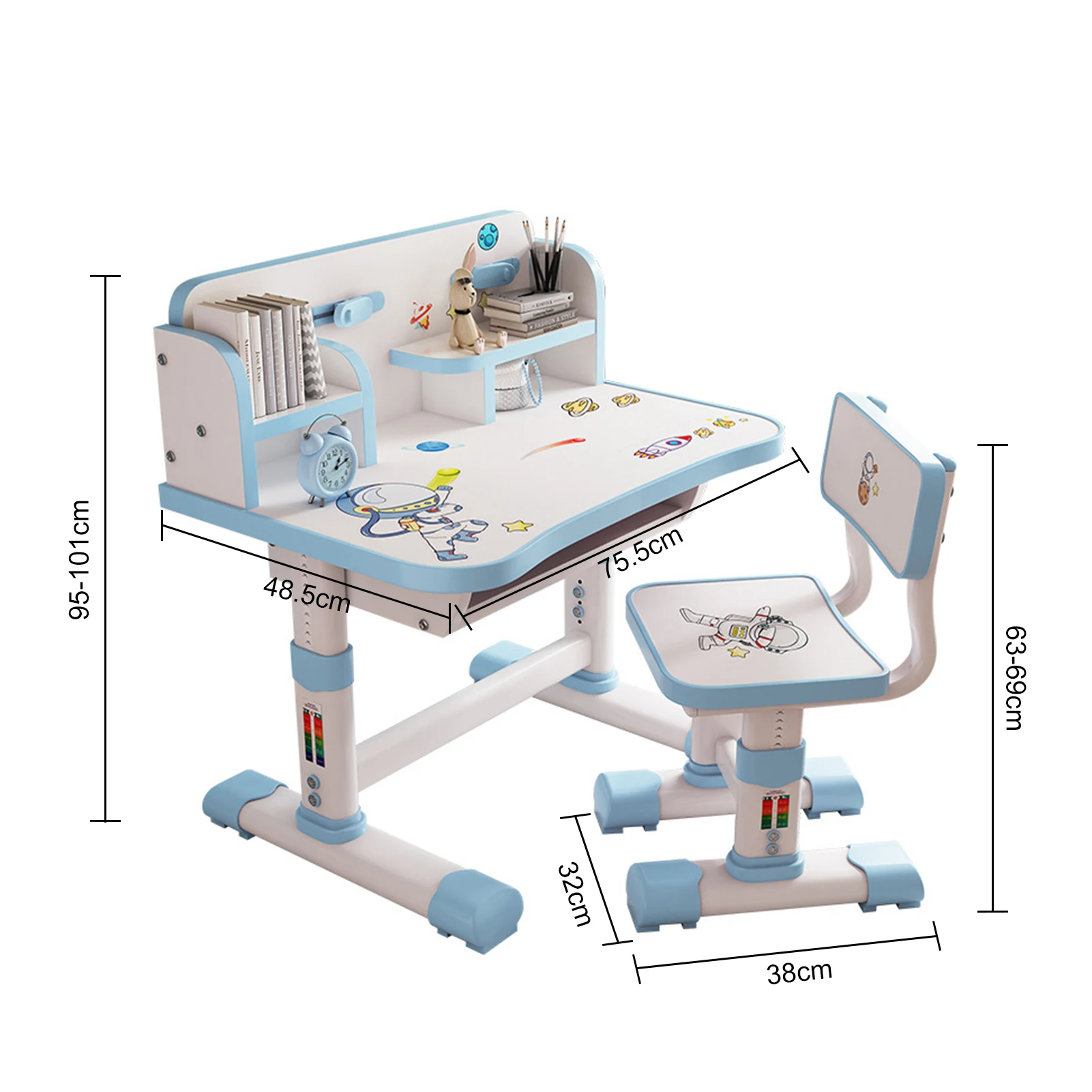 Height Adjustable Children School Study Table Chair Set with Cartoon Pattern Ergonomic Desk Chair with Large Writing Board