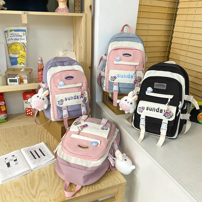 Fashion Cute Girl Travel Backpack Trendy Female Badge Pin Laptop Student Bags Lady Kawaii College Backpack Book Women School Bag