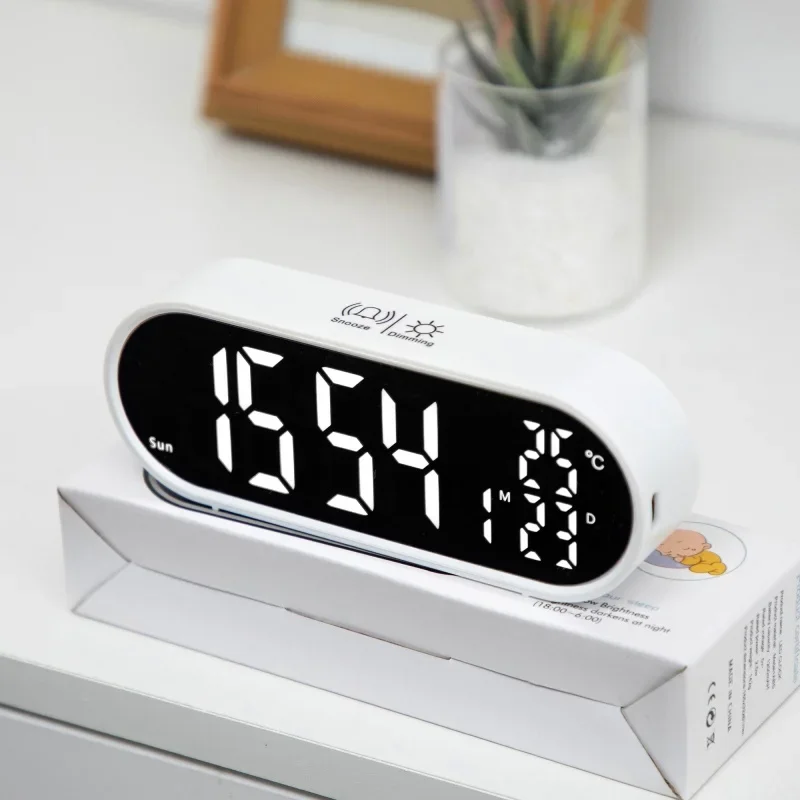 Digital Alarm Clock TEMP Date Week 2 Alarms Night Mode Snooze 12/24H Anti-disturb Voice Control Rechargeable LED Mirror Clock