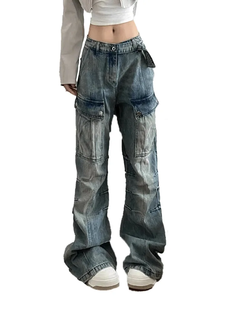 

Брюки-карго женские с завышенной талией, модные синие брюки с широкими штанинами, джинсовые штаны, уличная одежда Gyaru, новый дизайн, лето 2024