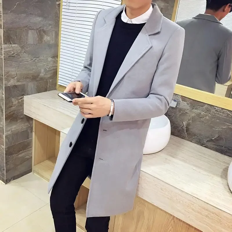 Men's Mid-Length Woolen Coat Casual Autumn Winter Style Windbreaker Outerwear Comfortable Fit Long Coat warmth coat casual men jacket