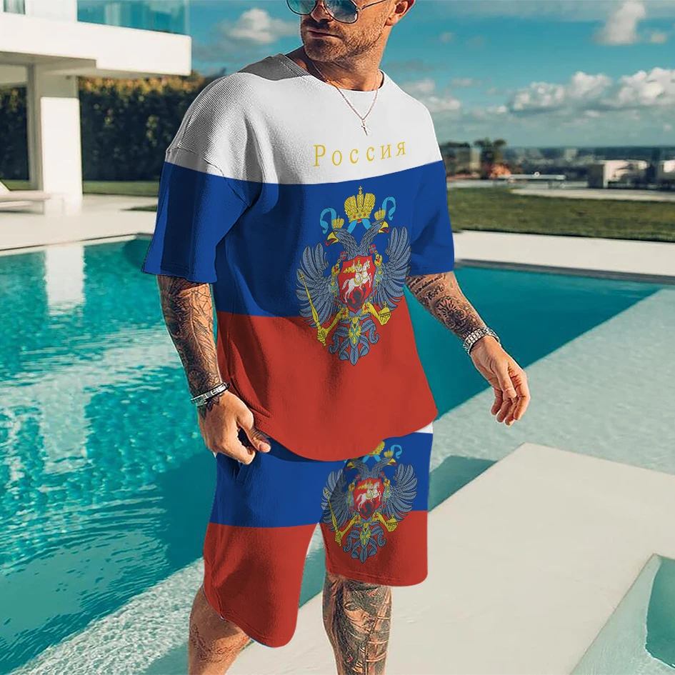 2023 Summer Men's Tracksuit Oversized Harajuku Sports Suit Russian Flag