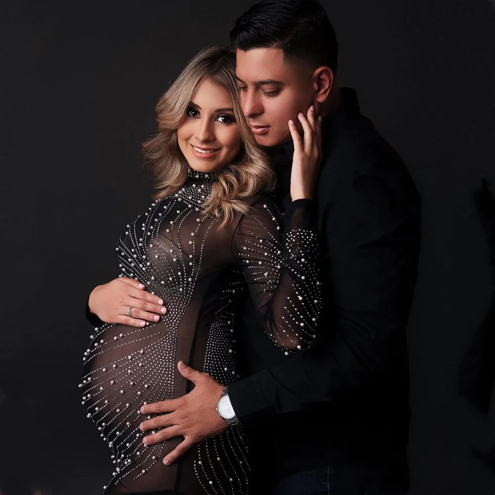 

Stretchy Mesh Crystal Pearl Maternity Photo Shoot Dresses Rhinestone Tassel Pearl Pregnancy Photography Dress