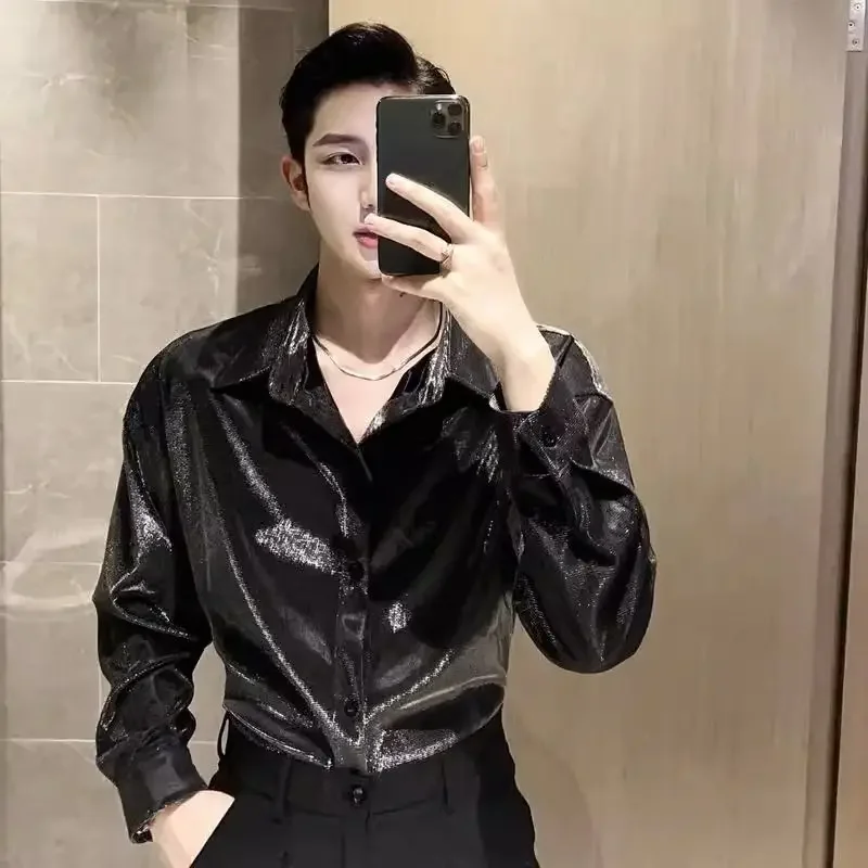 thumbnail image 1 of Camisas para hombre Camisa original brillante de gran tamaño para hombre Hip Hop de lujo barata marca de diseñador Trendyol Cool Fashion Man 2024 estilo coreano, 1 of 4