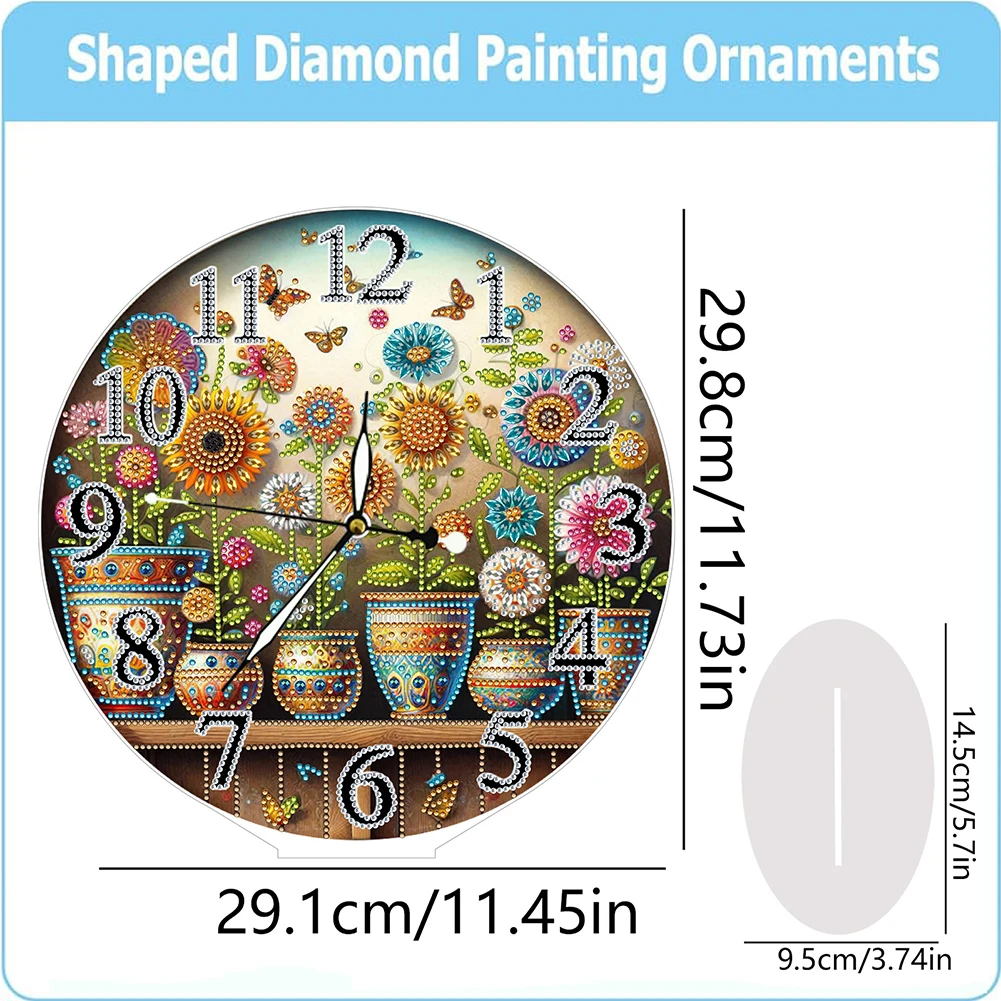 Potted Plant 2D Flat Acrylic DIY Diamond Painting Clock Kit 5D Diamond Art Clock