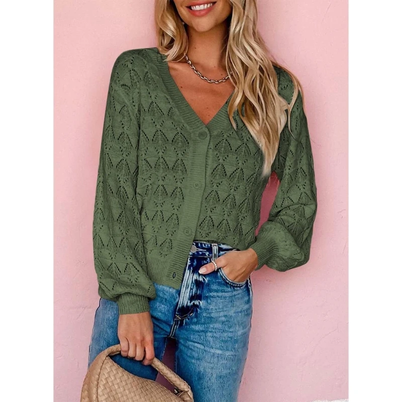 

Crochet V Neck Long Sleeve Hollow Out Knit Cardigans for Womens Cardigan Sweaters Jackets Outerwear Tops drop shipping