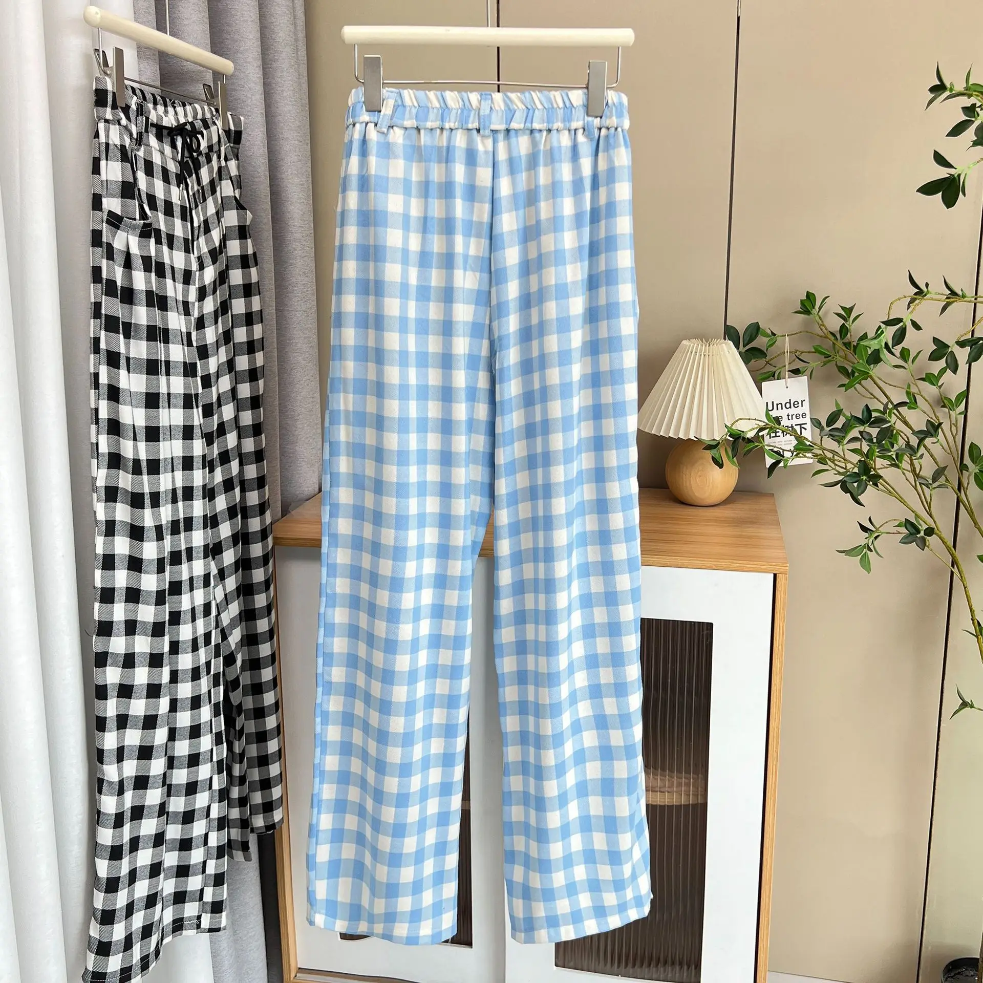 Fashion Plus Size Women's Wide Leg Pants Autumn New Versatile Drawstring Waist Plaid Full Length Suit Trousers 1707