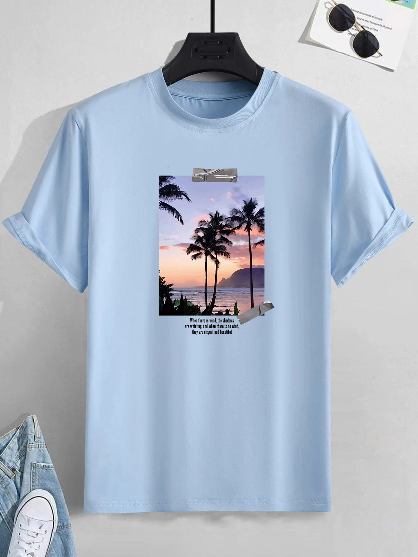 Bequemes T-Shirt mit Seaside-Print, Grafik-T-Shirt für den Sommer im Freien, Herrenbekleidung, Oberteile für Männer_voghion.com