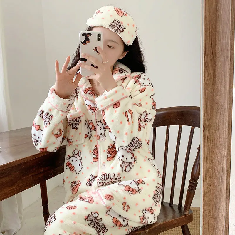 

Kawaii Pajamas Cute Sanrio Hello Kitty Melody Plush Pajamas Pants Women's Winter Thickened Fleece-lined Home Wear Two-Piece Set