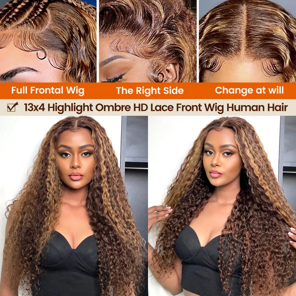 Deep Wave Highlight 13X6 Lace Frontal Wig Human Hair Pre Plucked Brazilian Wig Curly 360 Full Lace Wig Honey Blonde 250 Density