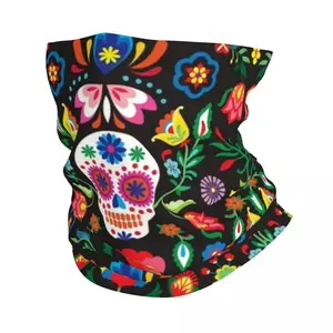 Mexican Sugar Skulls Day Of The Dead Flowers Bandana Neck Gaiter for Ski Hunting Women Men Wrap Scarf Headband Warmer