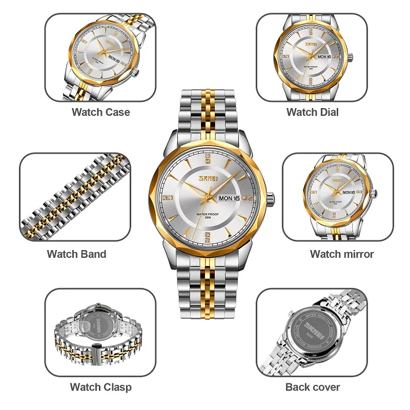 SKMEI Luxury Mens Watches Luminous Waterproof Stainless Steel Watch Quartz Man Date Calendar Business Wristwatch Male Clock 9268