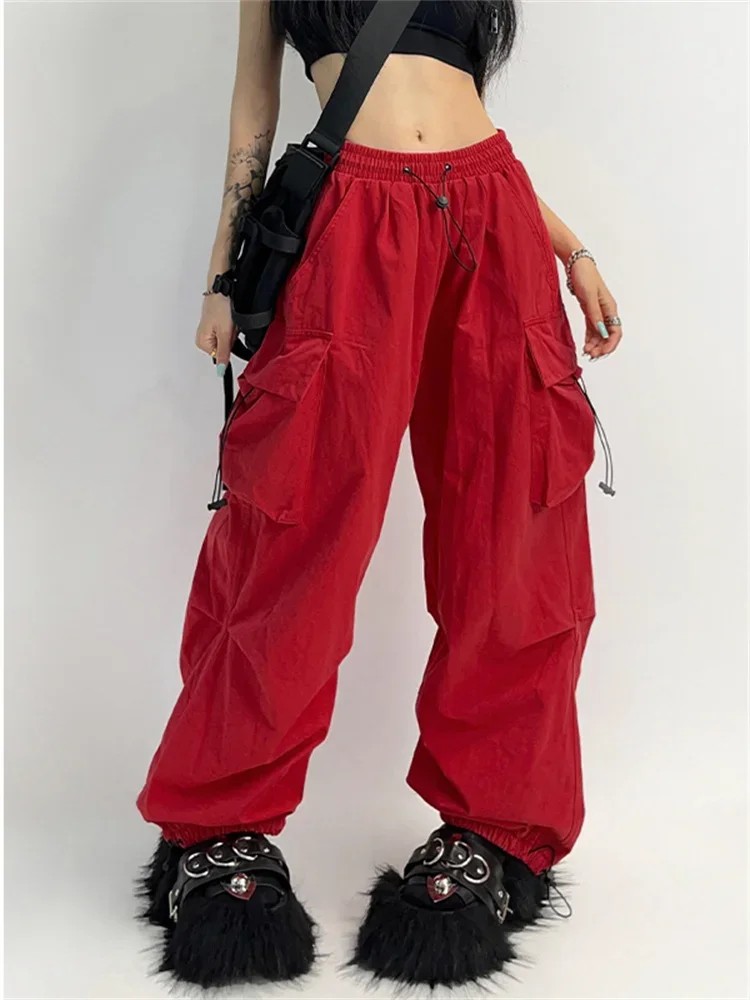 

2024 Cyber Y2K Red Parachute Pants Streetwear Gray Women Hip Hop Cargo Trousers Oversized Egirl Punk Black Wide Leg Pantalones