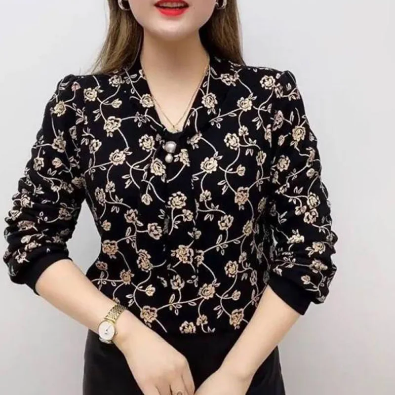 2023 Spring Autumn Women's Clothe Multi-element Print Blouses Elegant Scarf Collar Bow Embroidered Flares Long Sleeve Chic Shirt