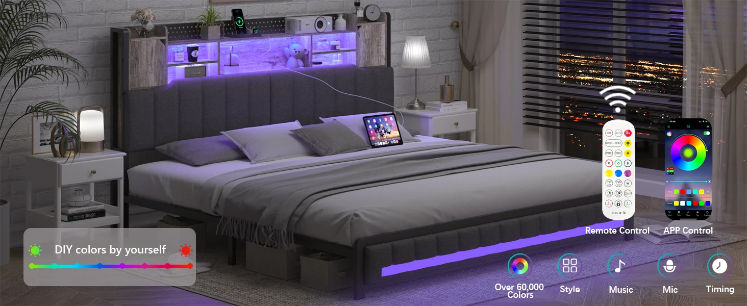 Description Picture 3 of itemKing Size Bed Frame and Bookcase Storage Headboard,LED Upholstered Bed Frame with Charging Station,Light up Platf