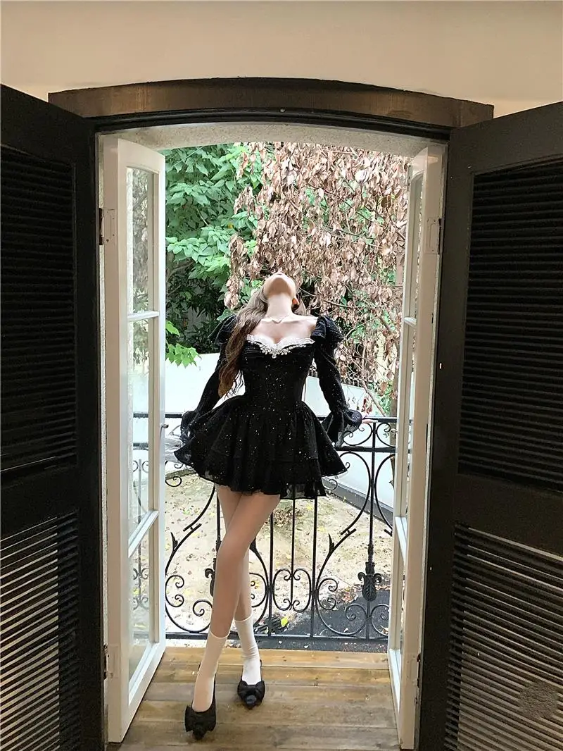 Y2K Black Short Dresses for Women Diamonds Square Collar Flare Sleeve High Waist A-line Birtheday Party Dress Prom Mini Vestidos