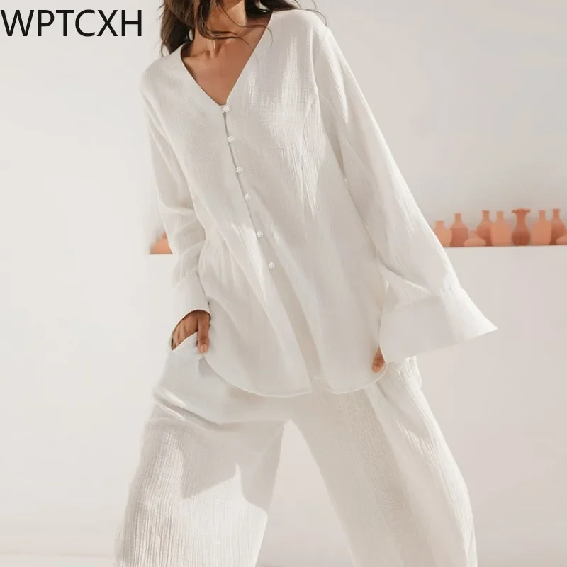 

2023 Spring Sleepwear Linad Cotton Women's Nightwear V Neck Pajamas 2 Piece Sets Loose Long Sleeve Female Casual Trouser Suits