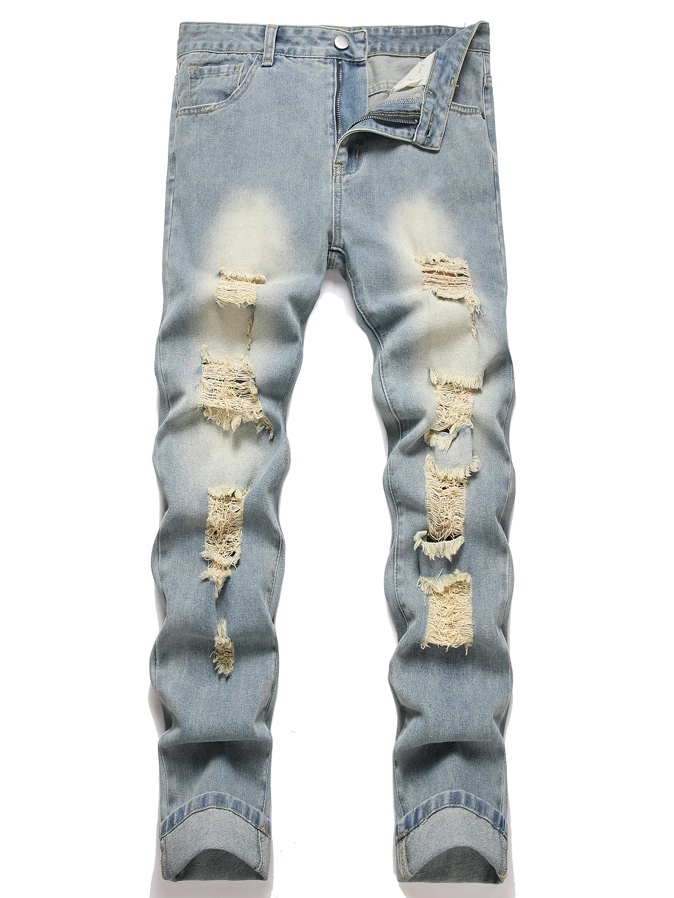 Vintage Streetwear Men's Jeans Relaxed Fit Distressed Washed Blue Mid Waist Denim Pants Straight Leg Ripped Casual Male Clothing 1