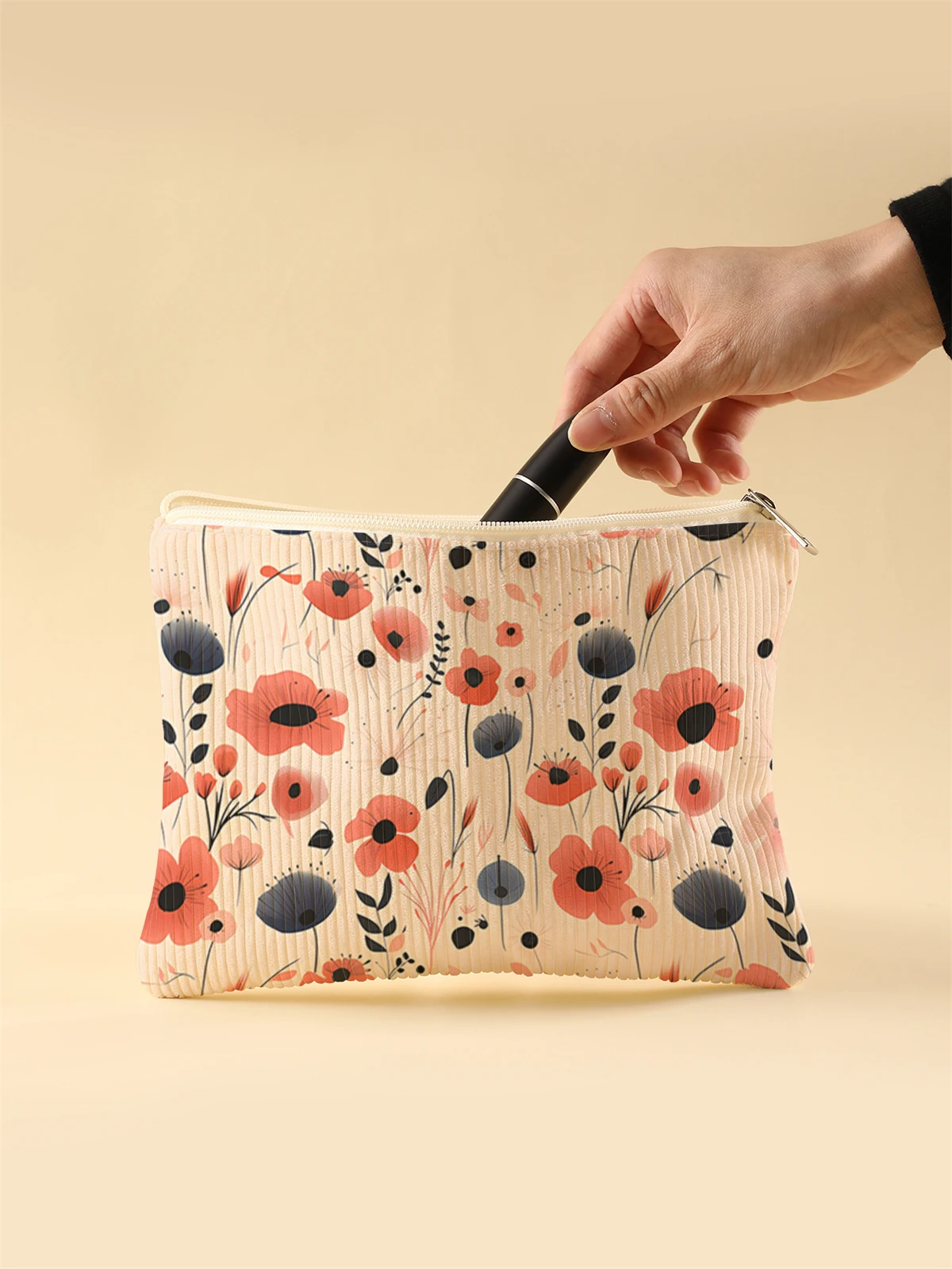 Women's Corduroy Travel Cosmetic Bag Portable Large Capacity Makeup Storage Organizer Zipper Clutch Purse Make up Bag