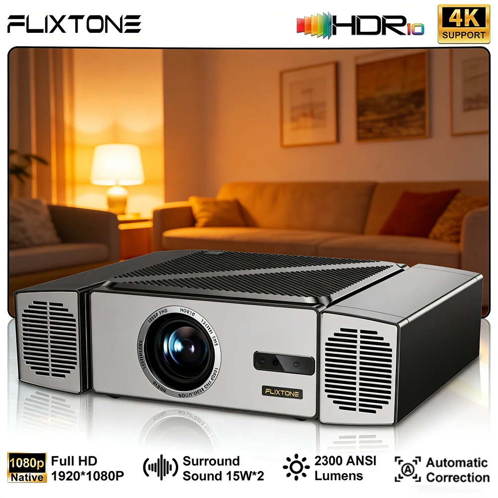 Everycom FlixTone V7 Projektör Android 12 Full HD 1080P 4K 2300 ANSI Projektör 15W*2 Otomatik Odaklama Ev Sineması Akıllı Projektör