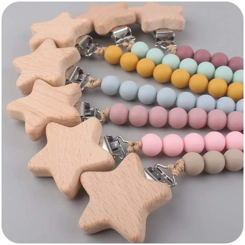 Wooden Personalized Baby Pacifier Leashes Cases Chain Silicone Bead Dummy Nipple Holder Guard Teether Pendant Newborn Gift Stuff