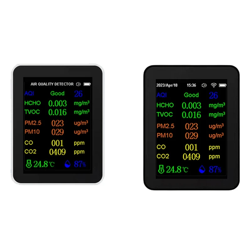 시간 및 날짜 표시 공기질 모니터, 와이파이 PM2.5 PM10 CO CO2 TVOC HCHO AQI 테스터, 12 in 1