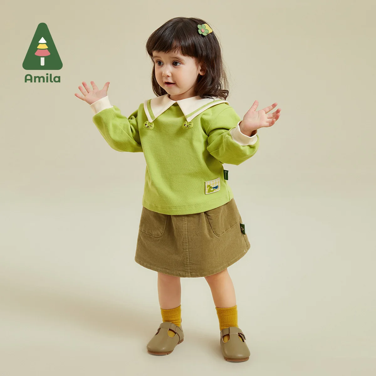 Amila T-shirt For Girls Autumn Fabric Lapel Cat Shaped Bishop Sleeve Cotton Fashion Breathable Children Clothes