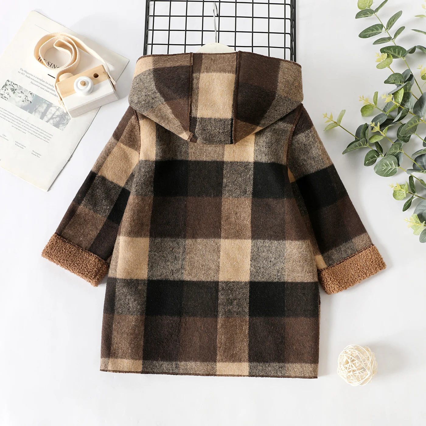 PatPat Toddler Boy Classic Plaid Fleece Lined Button Design Hooded Overcoat